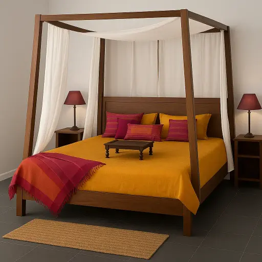 Royale Teak Four-Poster Canopy Bed with Drapes